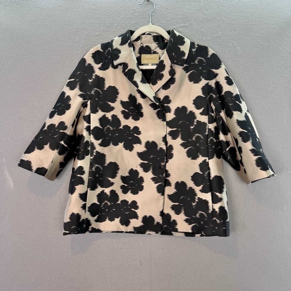 PORTS - women’s black floral print 3/4 sleeve blazer satin beige A-line Jacket 6